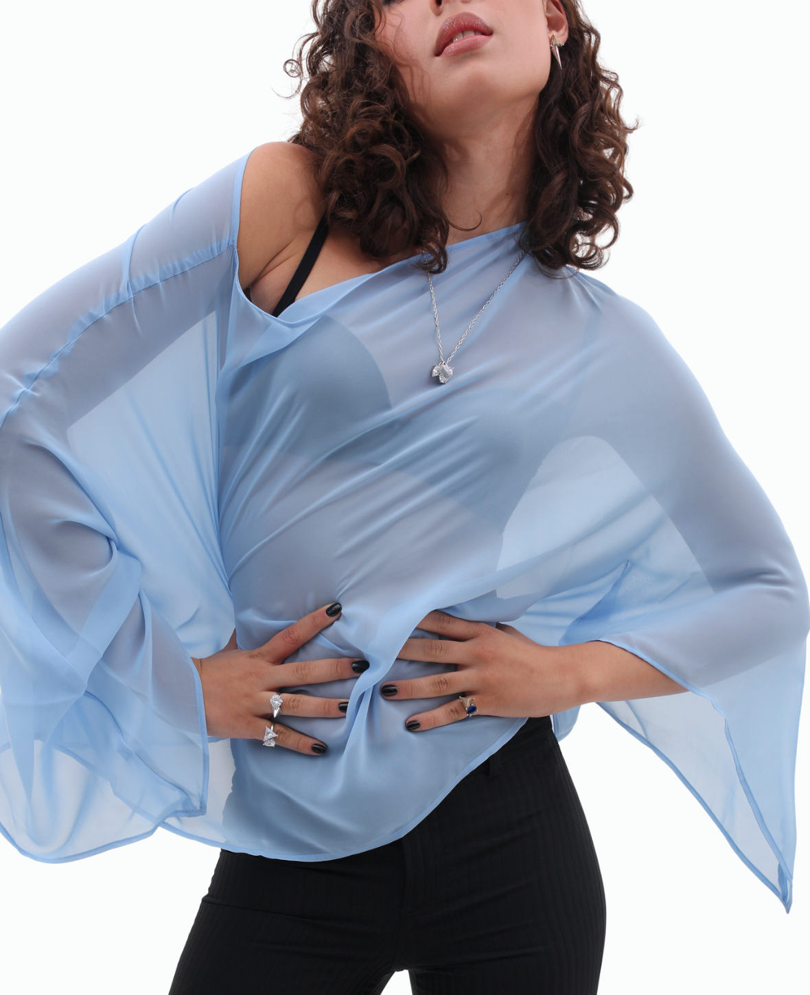 SHEER PONCHO BLOUSE IN SKY BLUE