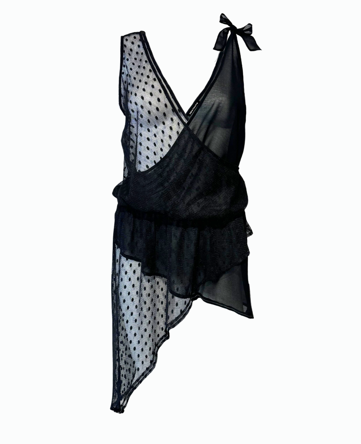 ASYMMETRIC SHEER BLOUSE IN BLACK DOTTED SUIZE TULLE