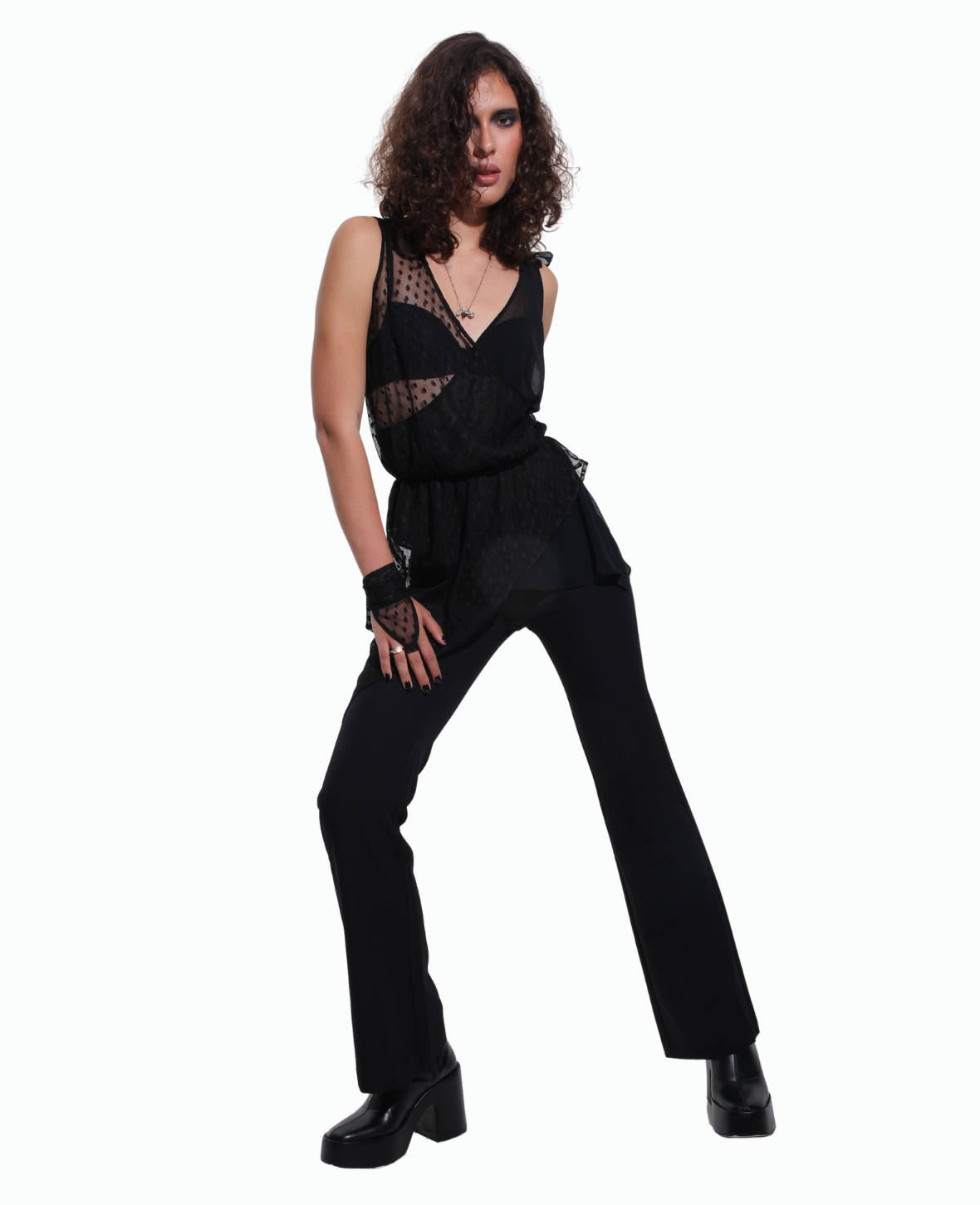 ASYMMETRIC SHEER BLOUSE IN BLACK DOTTED SUIZE TULLE