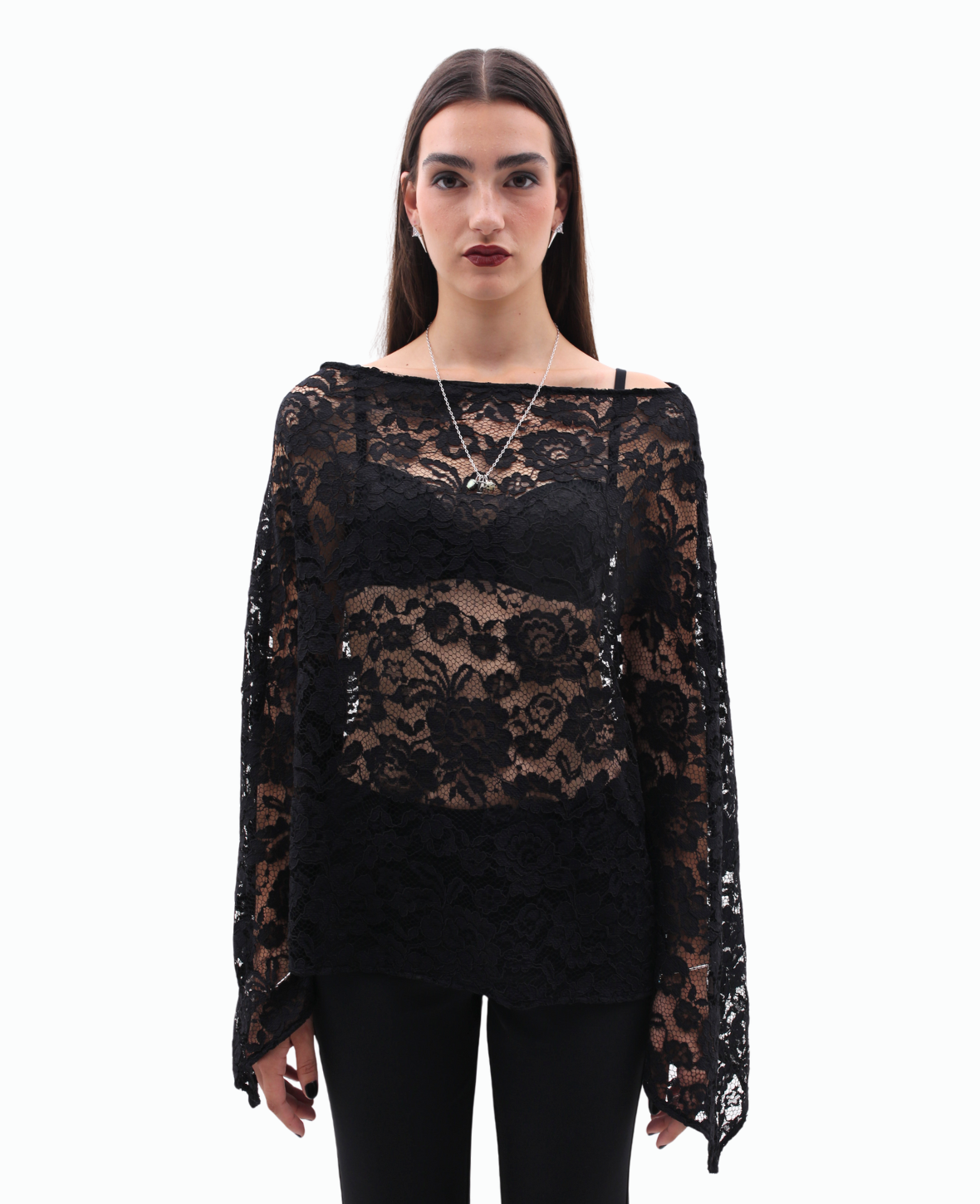 GUIPUR LACE PONCHO BLOUSE IN BLACK