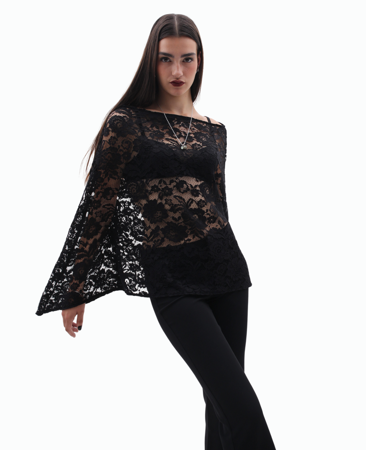 GUIPUR LACE PONCHO BLOUSE IN BLACK