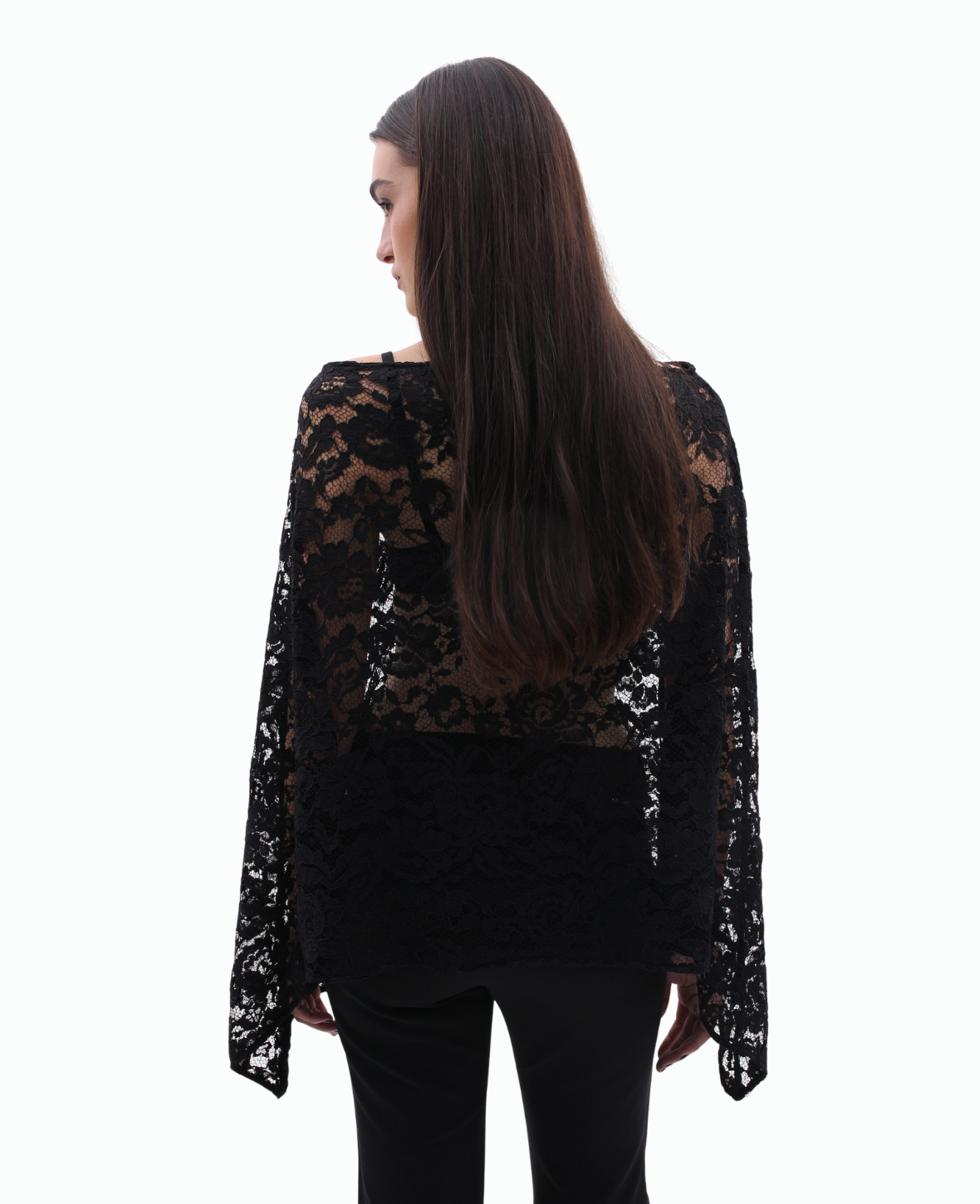 GUIPUR LACE PONCHO BLOUSE IN BLACK