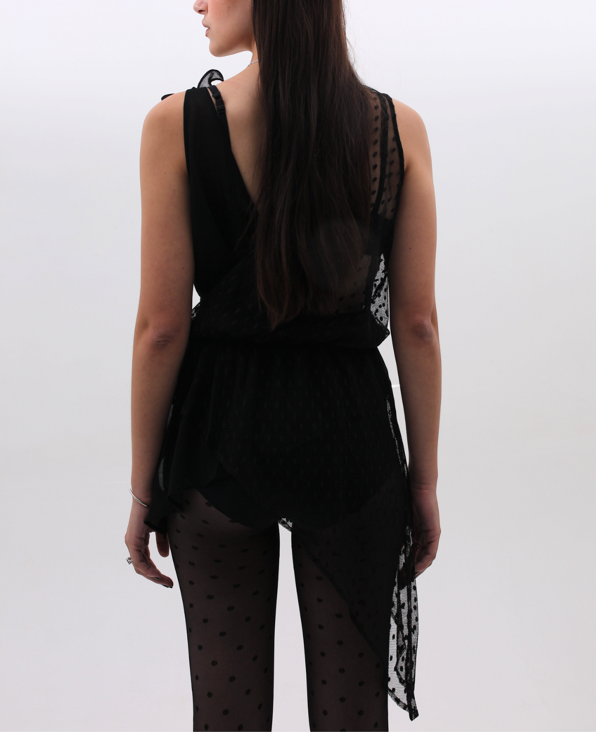 ASYMMETRIC SHEER BLOUSE IN BLACK DOTTED SUIZE TULLE