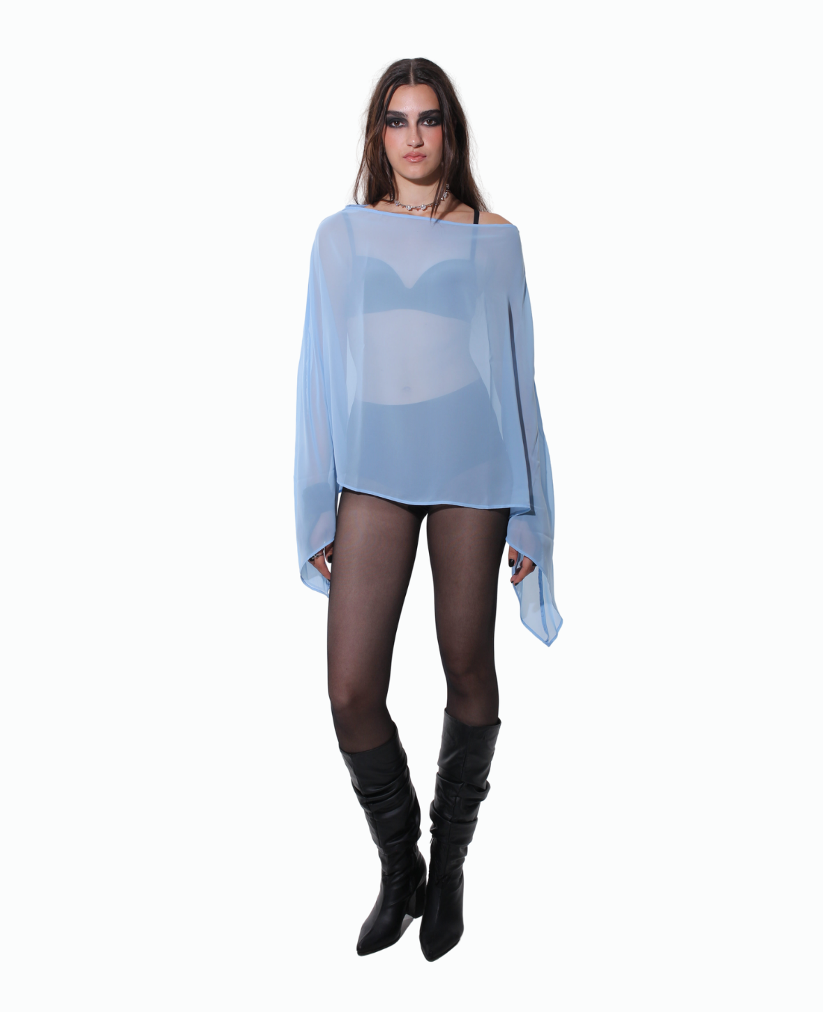 SHEER PONCHO BLOUSE IN SKY BLUE