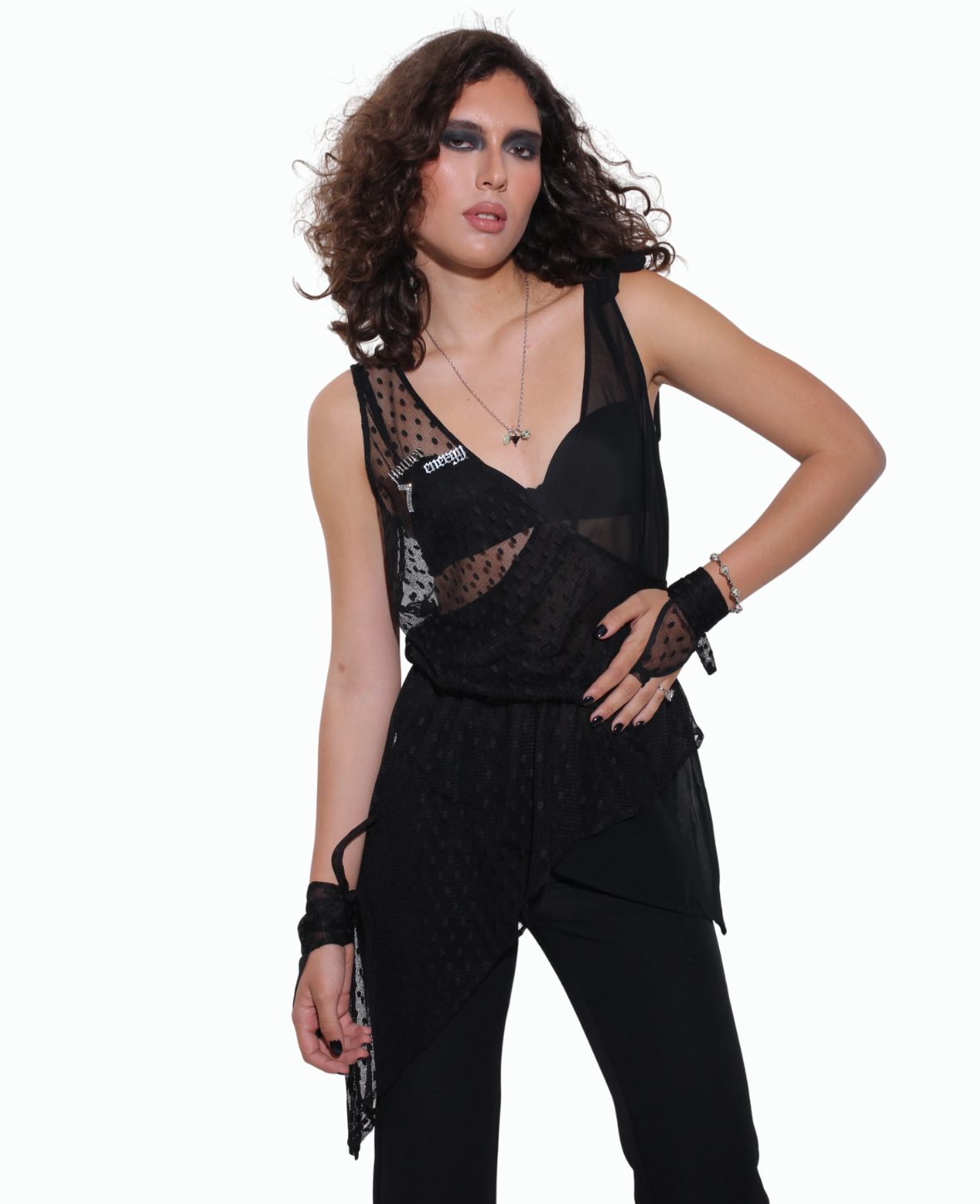 ASYMMETRIC SHEER BLOUSE IN BLACK DOTTED SUIZE TULLE