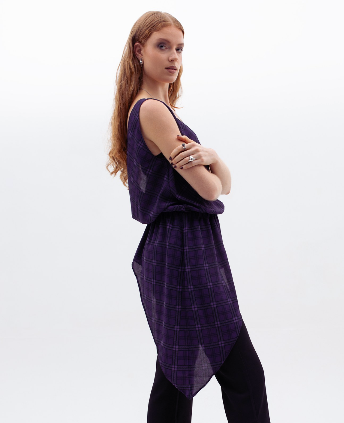 ASYMMETRIC SHEER BLOUSE IN PURPLE TARTAN