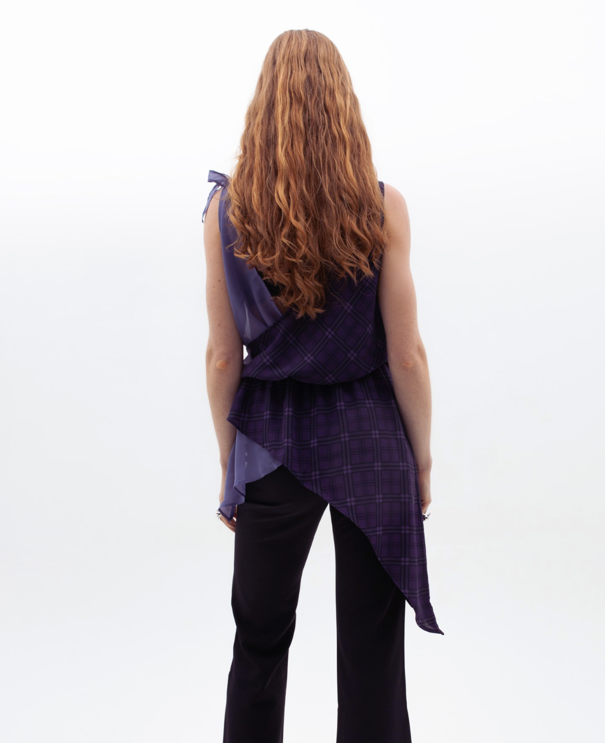 ASYMMETRIC SHEER BLOUSE IN PURPLE TARTAN