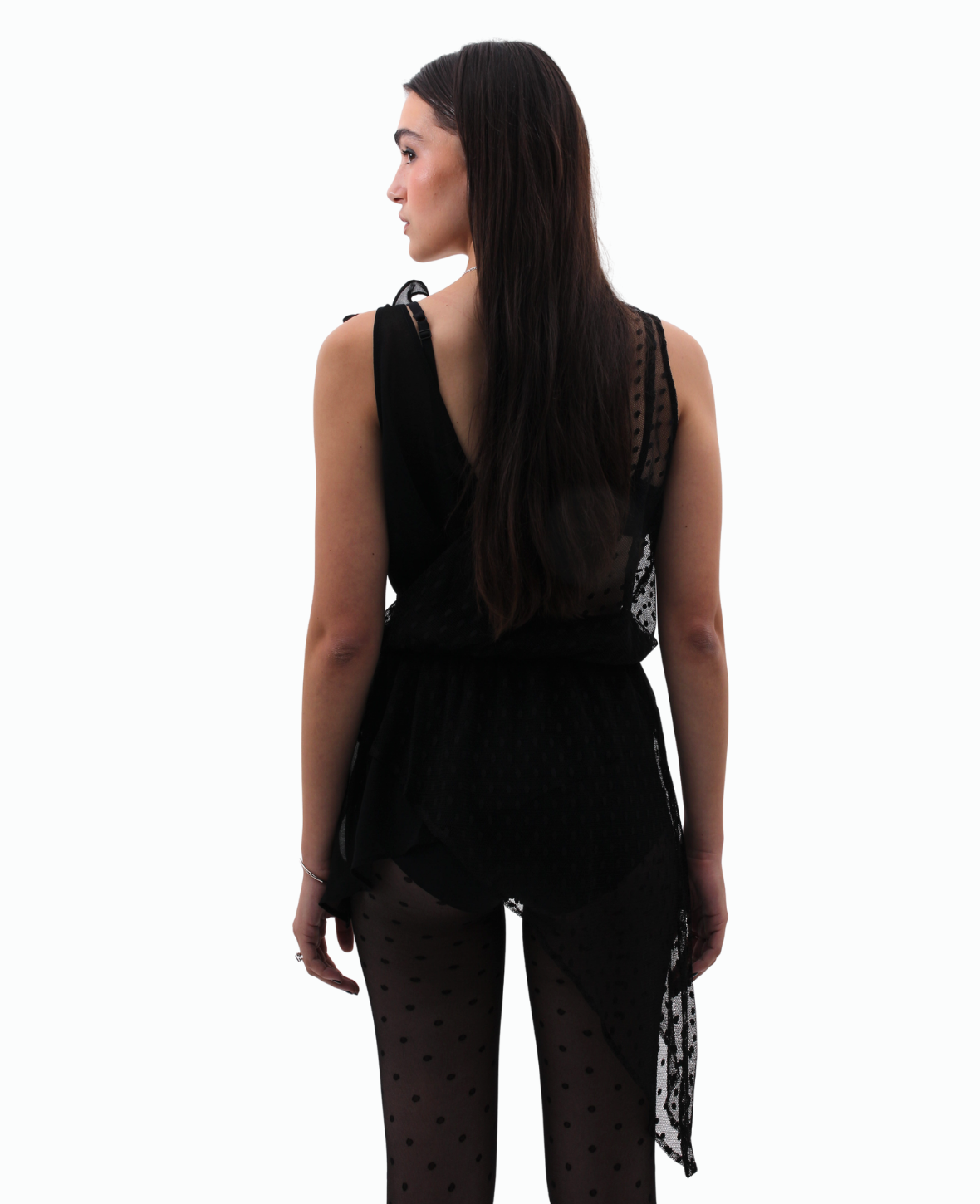 ASYMMETRIC SHEER BLOUSE IN BLACK DOTTED SUIZE TULLE