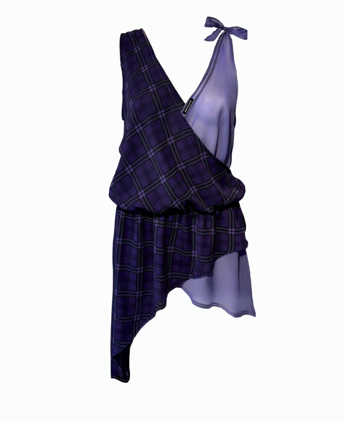 ASYMMETRIC SHEER BLOUSE IN PURPLE TARTAN
