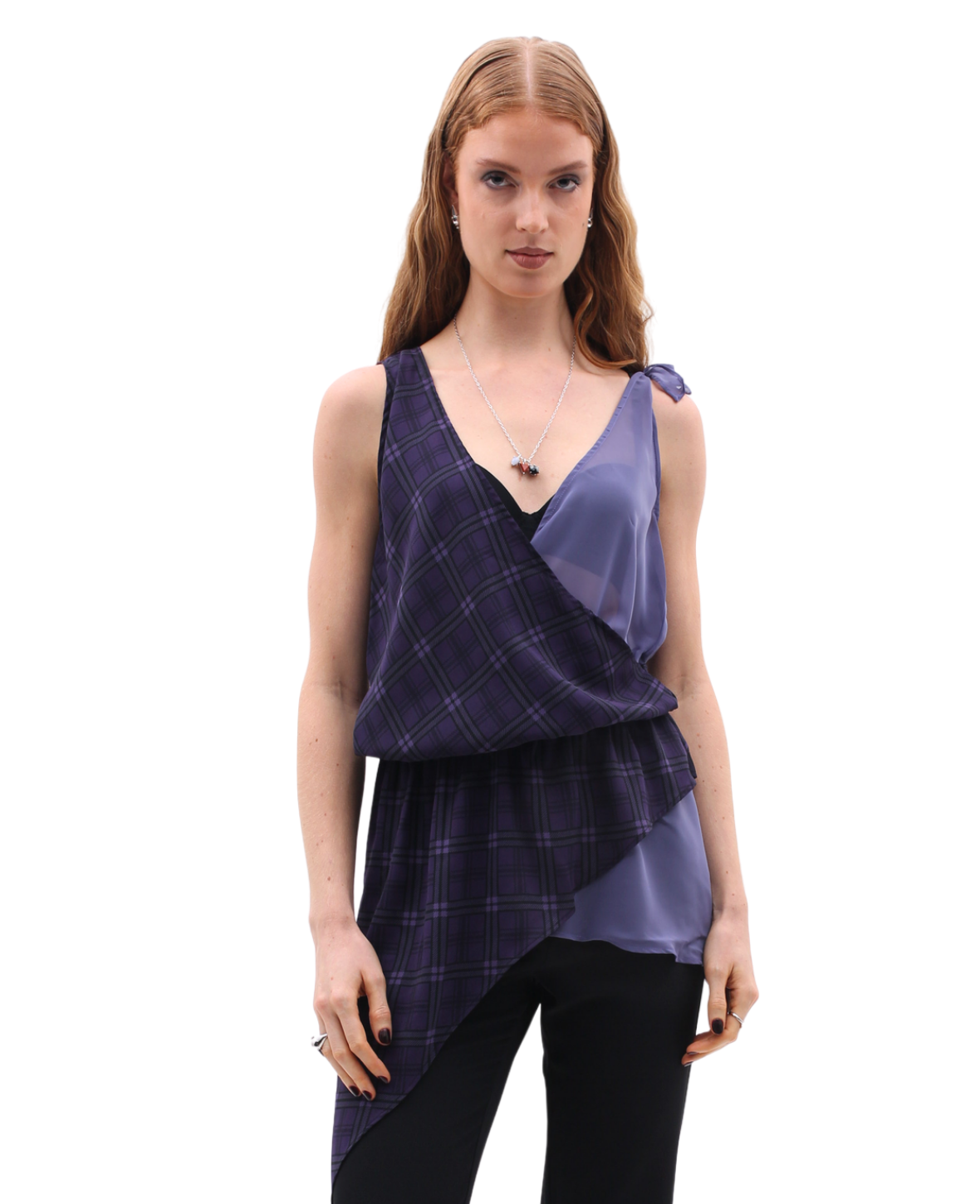 ASYMMETRIC SHEER BLOUSE IN PURPLE TARTAN
