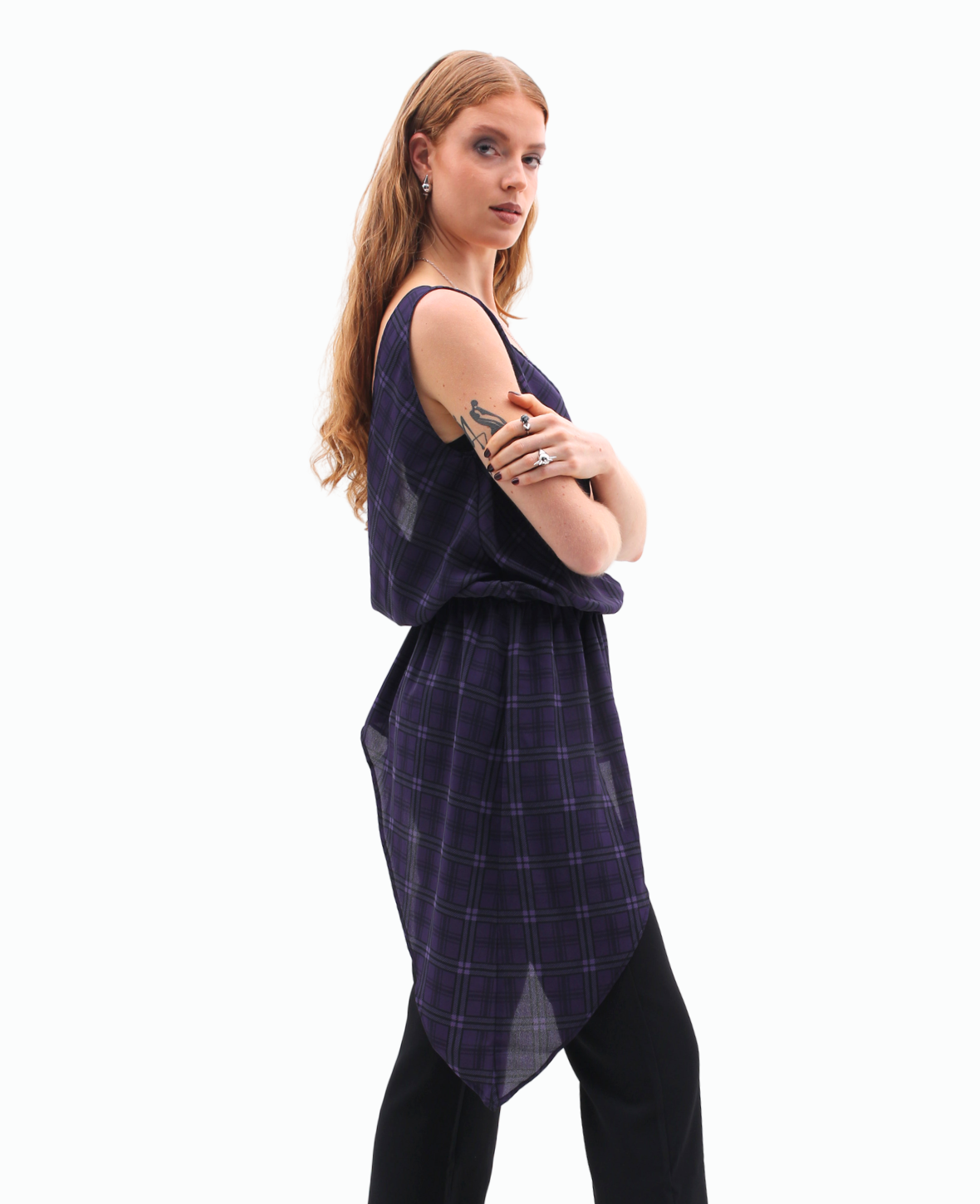 ASYMMETRIC SHEER BLOUSE IN PURPLE TARTAN