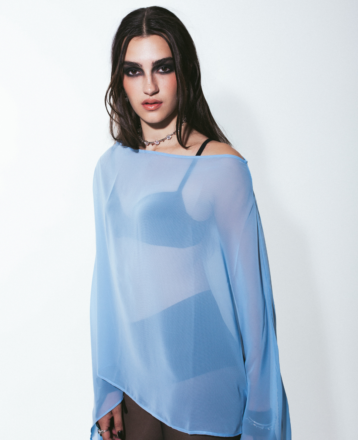 SHEER PONCHO BLOUSE IN SKY BLUE