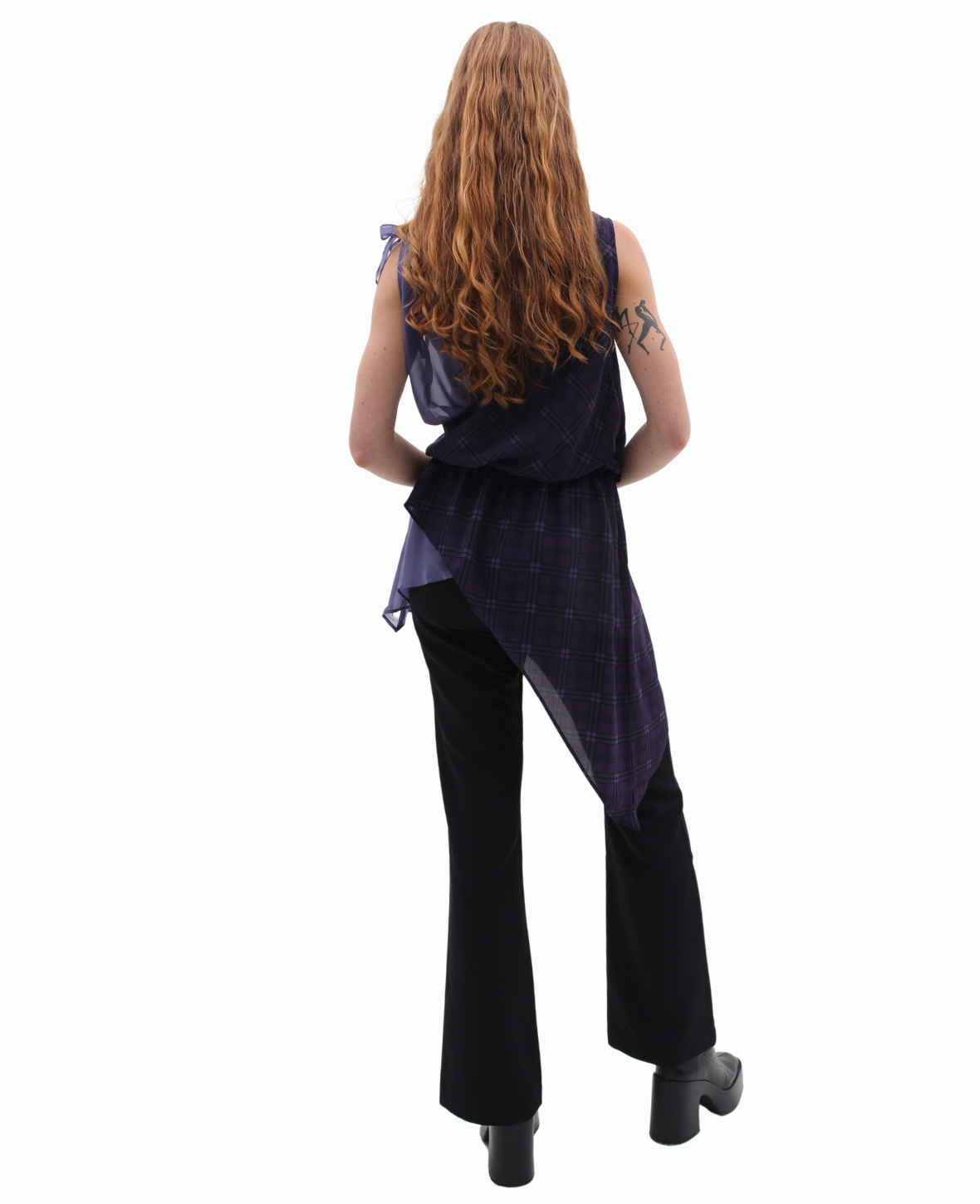 ASYMMETRIC SHEER BLOUSE IN PURPLE TARTAN