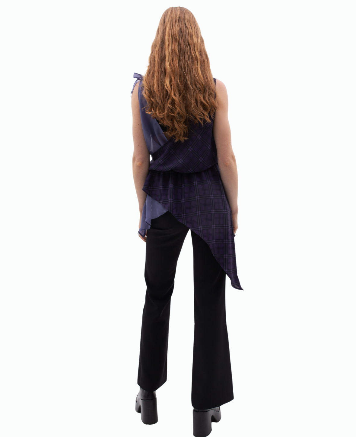 ASYMMETRIC SHEER BLOUSE IN PURPLE TARTAN