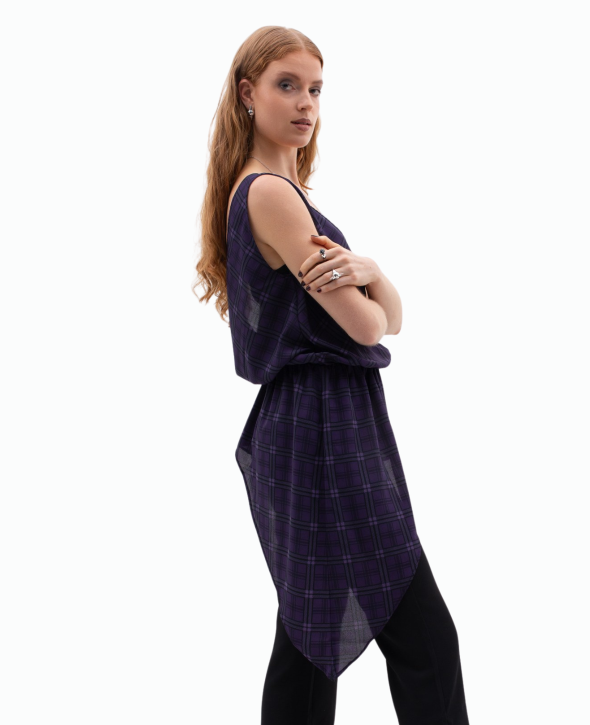 ASYMMETRIC SHEER BLOUSE IN PURPLE TARTAN